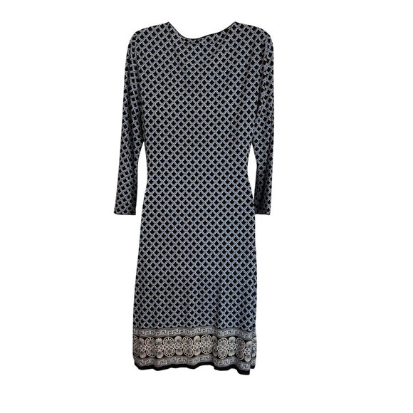 Max Studio Stretchy Mock Wrap Size Large Print Dress 3/4 Sleeve Blue Scoop Neck - Picture 2 of 8